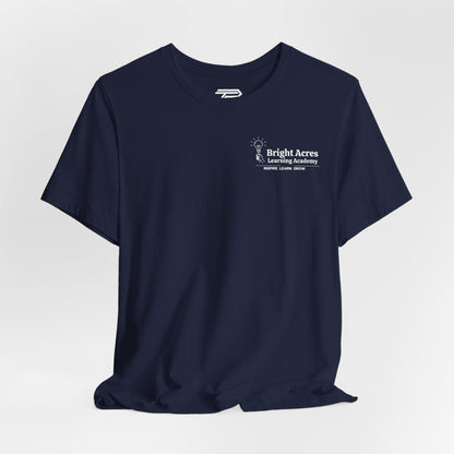 Bright Acres Bright Minds Together Adult Tee — Navy, front hanging