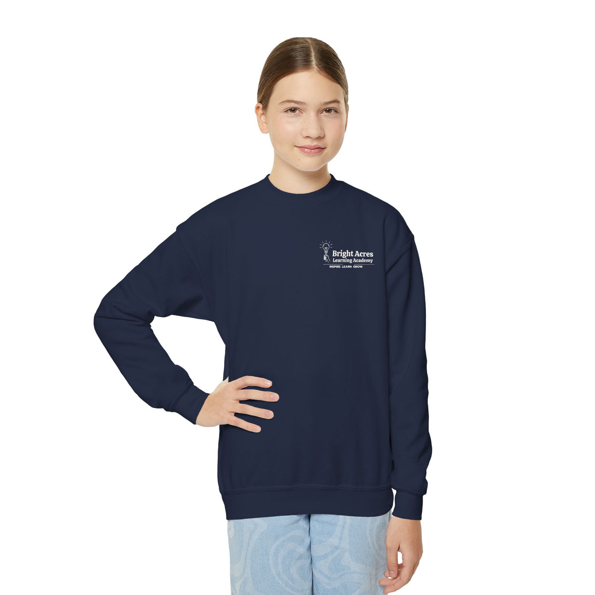 Bright Acres Bright Minds Together Youth Crewneck — Navy, front on model