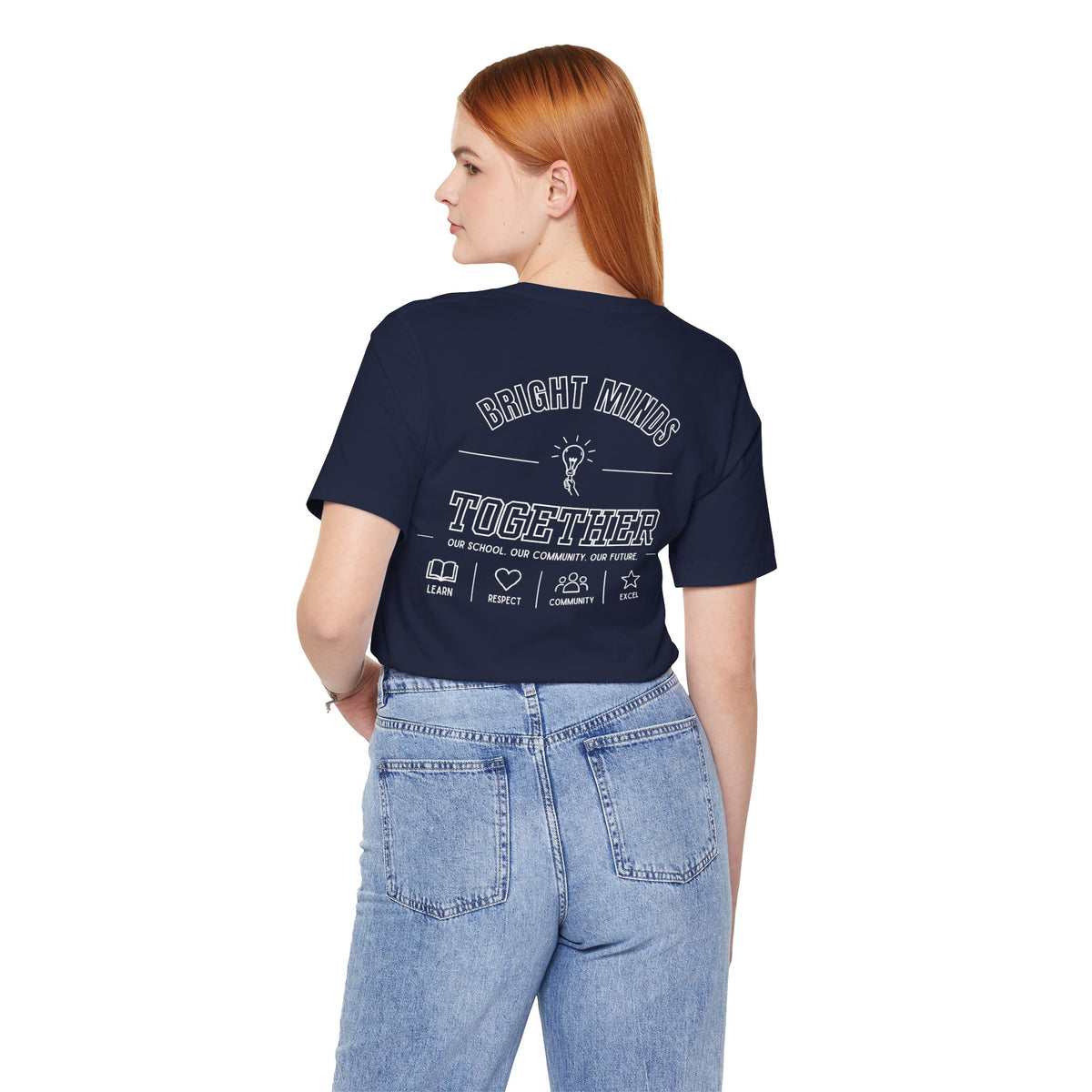 Bright Acres Bright Minds Together Adult Tee — Navy, back on model