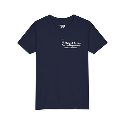 Bright Acres Bright Minds Together Youth Tee — Navy, front, hanging