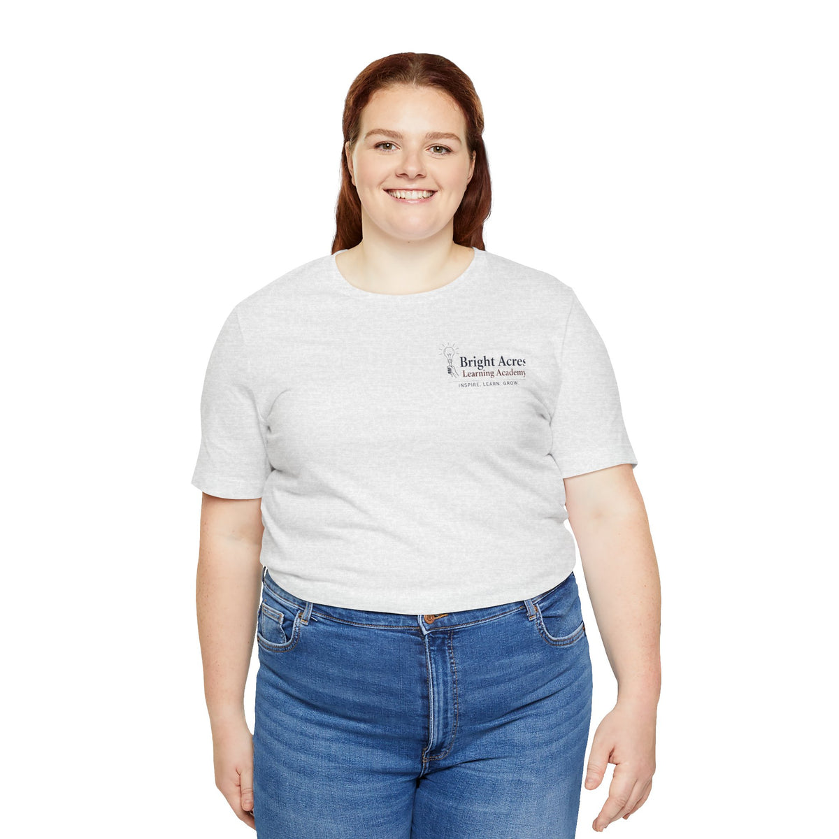 Bright Acres Bright Minds Together Adult Tee — Ash, front on model