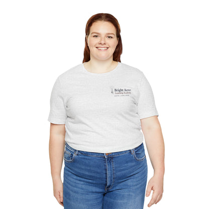 Bright Acres Bright Minds Together Adult Tee — Ash, front on model