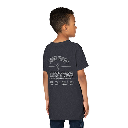 Bright Acres Bright Minds Together Youth Tee — Heather Navy, back on model