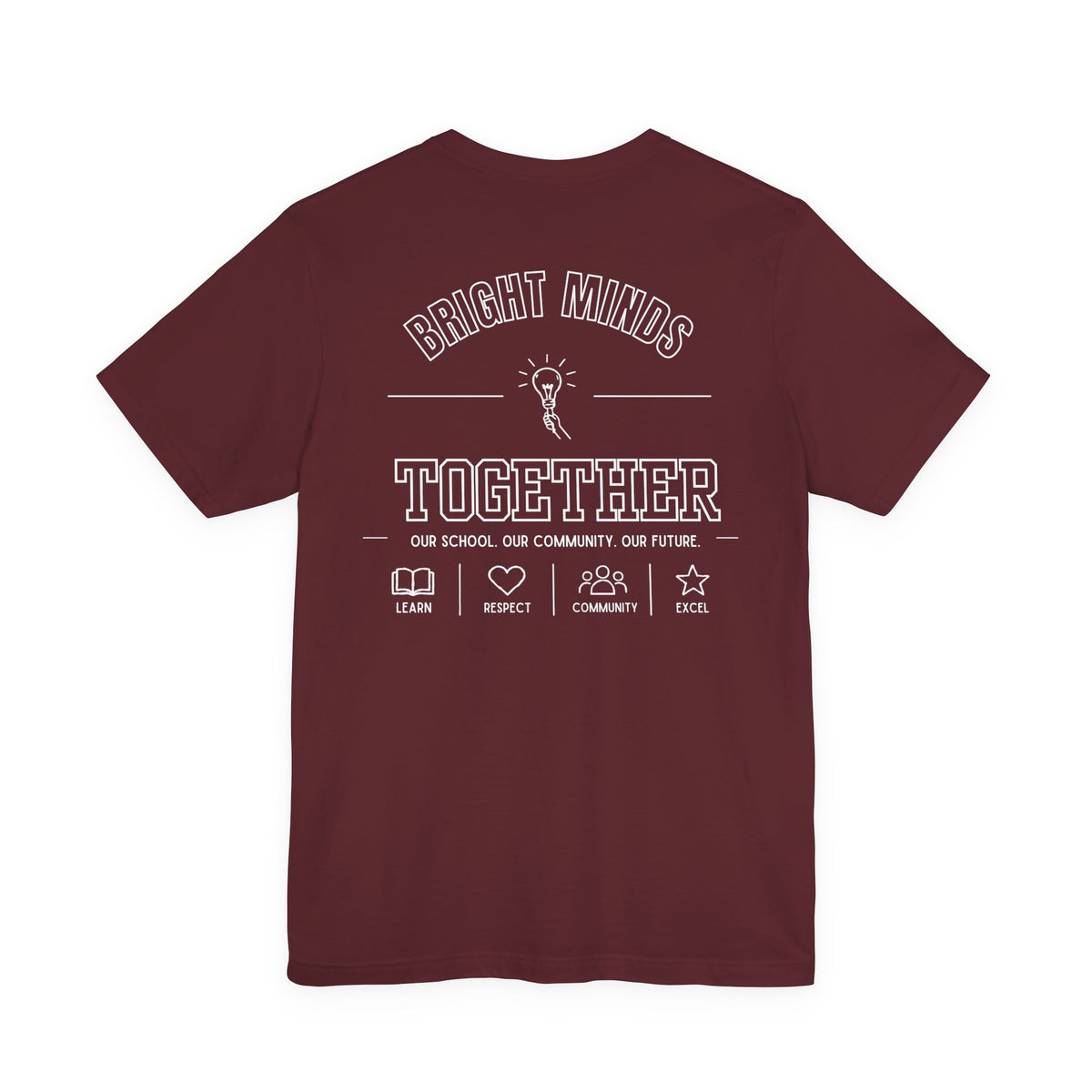 Bright Acres Bright Minds Together Adult Tee — Maroon, back