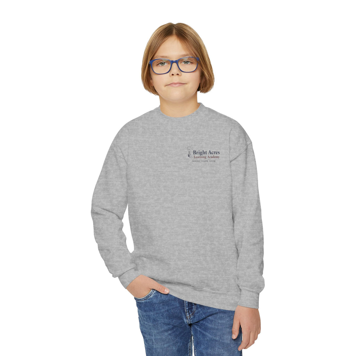 Bright Acres Community Youth Crewneck — Sport Grey, front on model