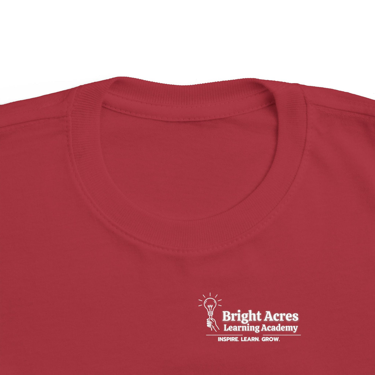Bright Acres Bright Minds Together Toddler Tee — Garnet, chest logo detail
