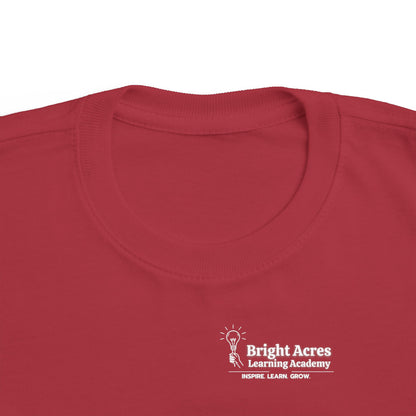 Bright Acres Bright Minds Together Toddler Tee — Garnet, chest logo detail