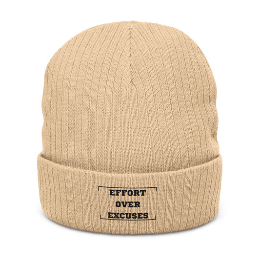 Effort Over Excuses Ribbed Knit Beanie — Embroidered Motivational Winter Hat