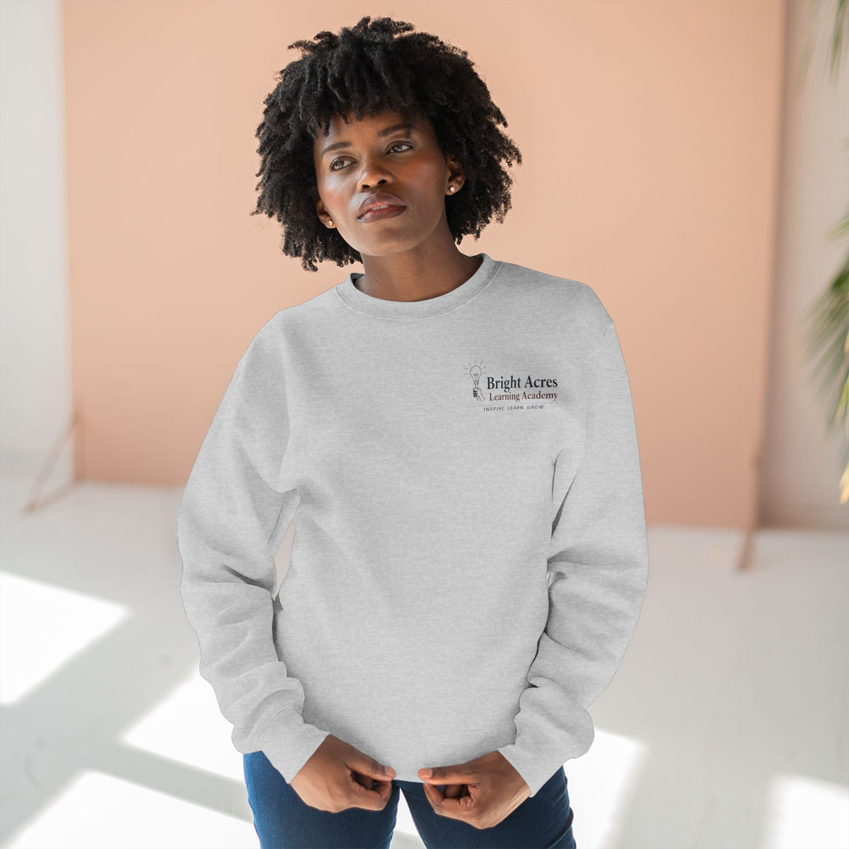 Bright Acres Bright Minds Together Fleece Adult Crewneck — Heather Grey, front on model