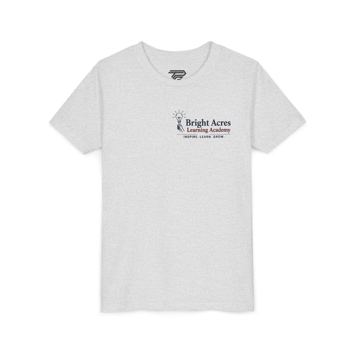 Bright Acres Bright Minds Together Youth Tee — Ash, front, hanging