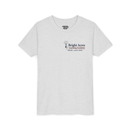 Bright Acres Bright Minds Together Youth Tee — Ash, front, hanging