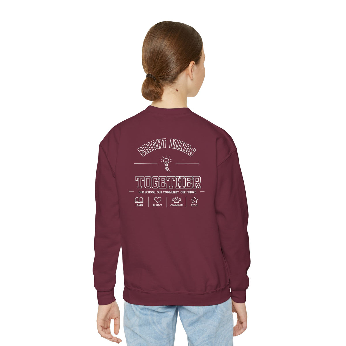 Bright Acres Bright Minds Together Youth Crewneck — Maroon, back on model