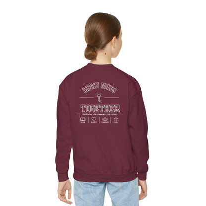 Bright Acres Bright Minds Together Youth Crewneck — Maroon, back on model