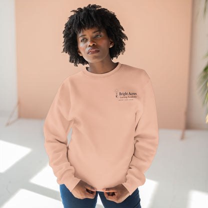 Bright Acres Bright Minds Together Fleece Adult Crewneck — Pale Pink, front on model
