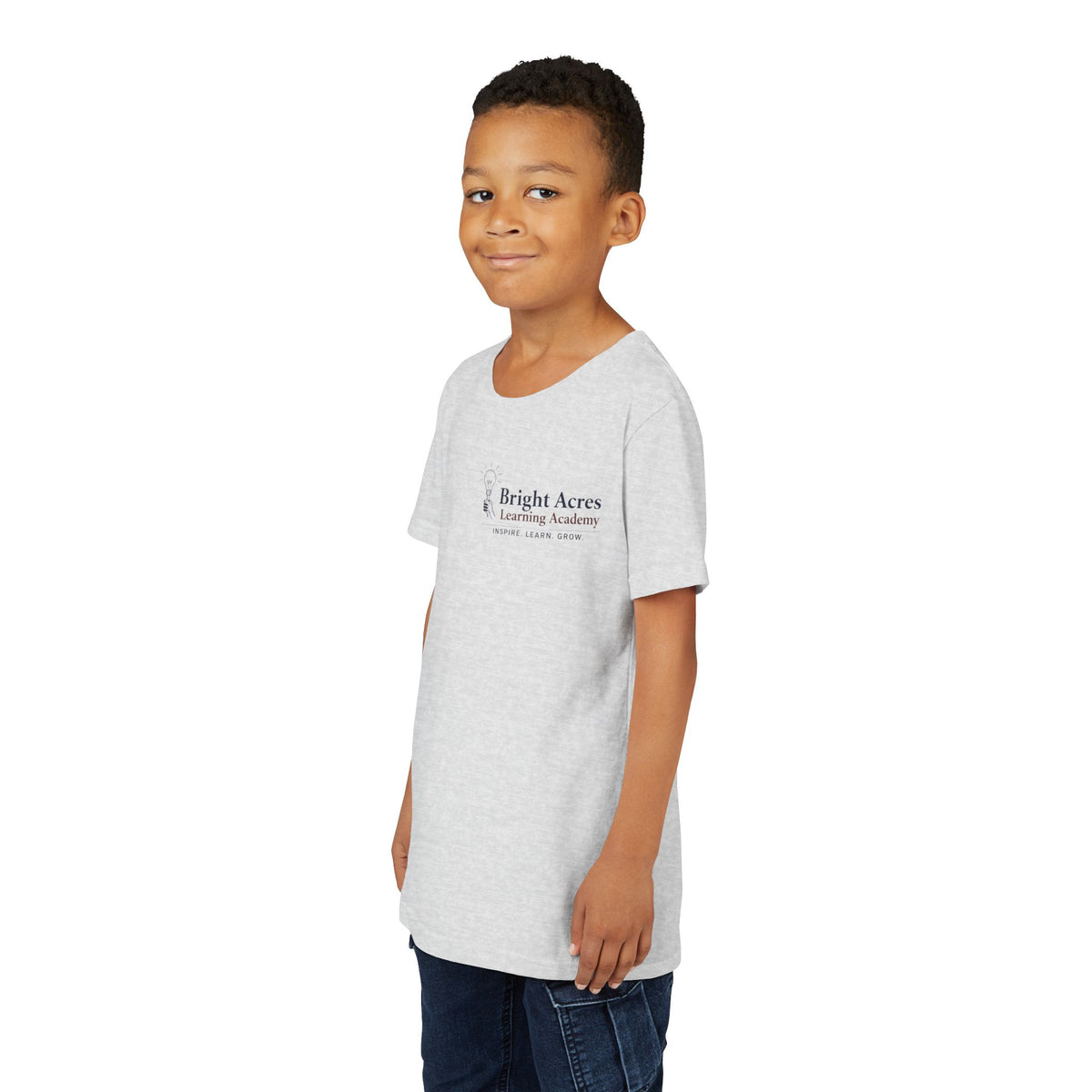 Bright Acres Bright Minds Together Youth Tee — Ash, front on model