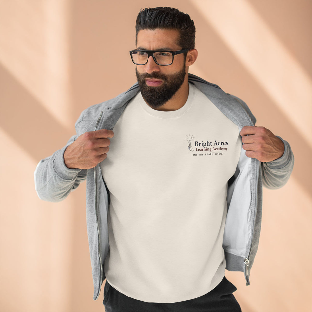 Bright Acres Bright Minds Together Fleece Adult Crewneck — Sandshell, front on model