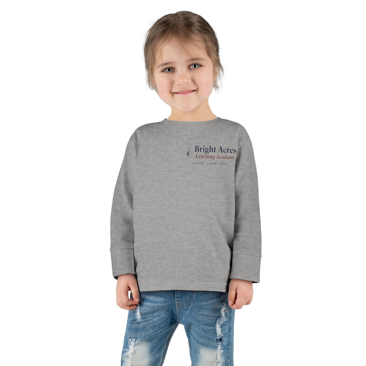 Bright Acres Bright Minds Together Toddler Long Sleeve — Heather, front on model