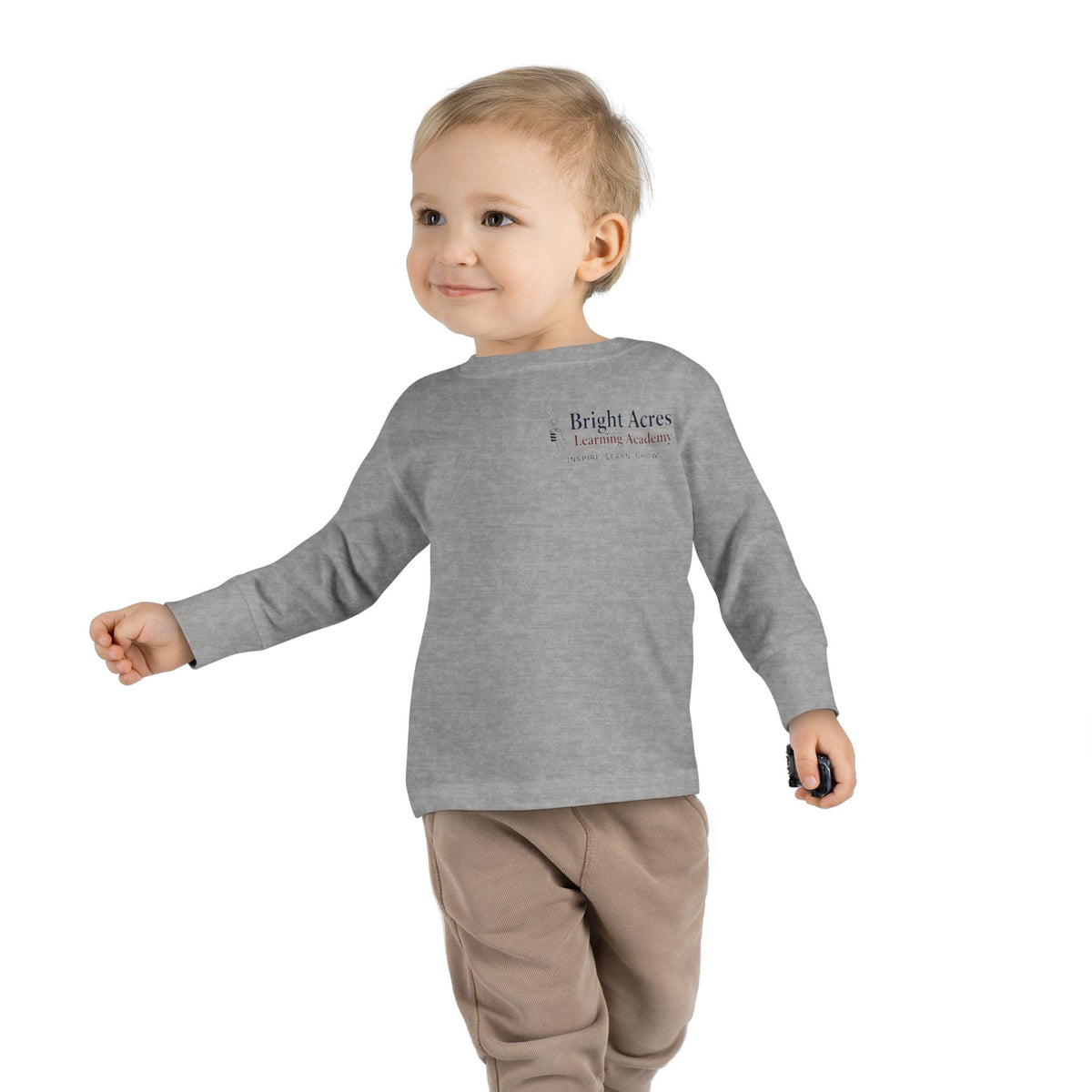 Bright Acres Bright Minds Together Toddler Long Sleeve — Heather, front on model