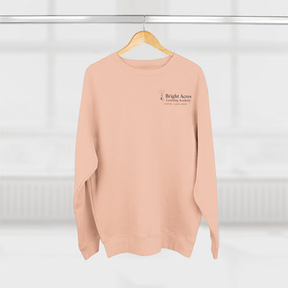 Bright Acres Bright Minds Together Fleece Adult Crewneck — Pale Pink, front hanging
