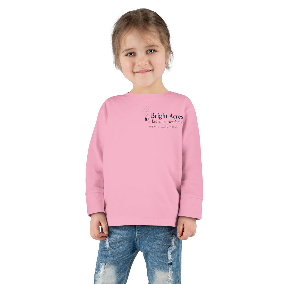 Bright Acres Bright Minds Together Toddler Long Sleeve — Pink, front on model