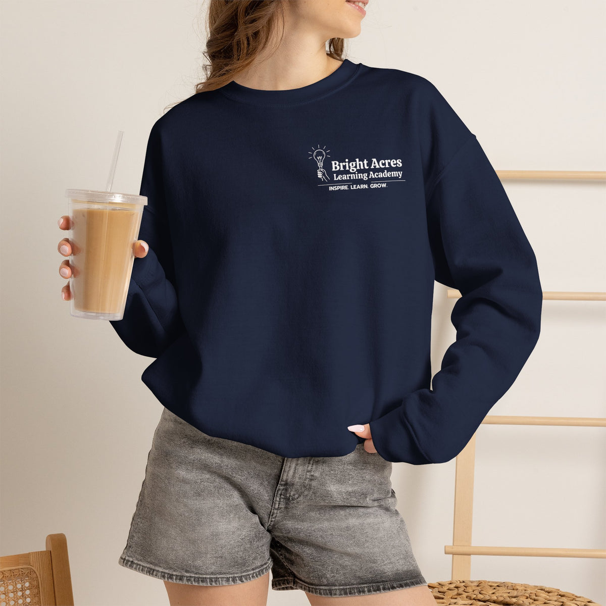 Bright Acres Bright Minds Together Classic Adult Crewneck — Navy, front on model