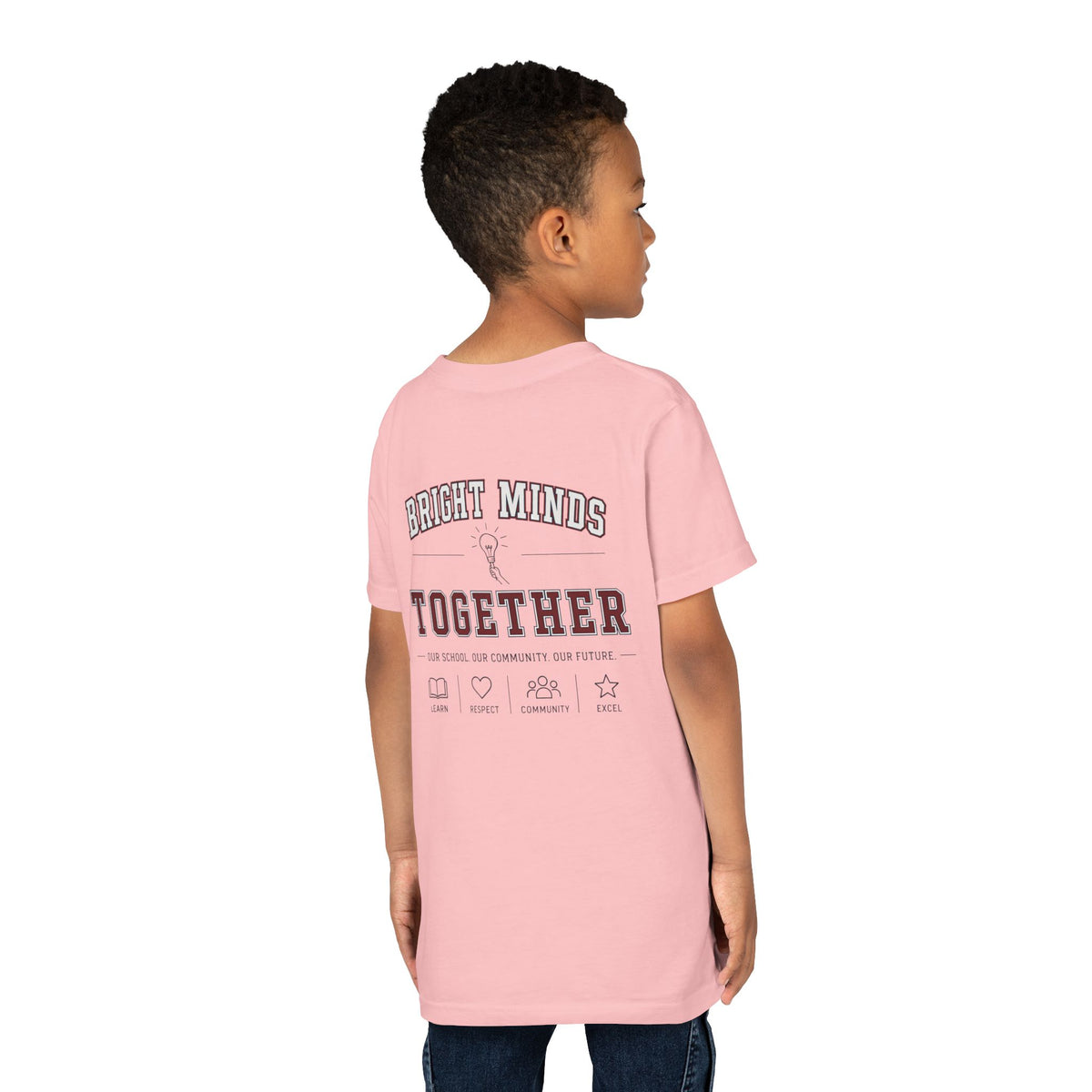 Bright Acres Bright Minds Together Youth Tee — Pink, back on model