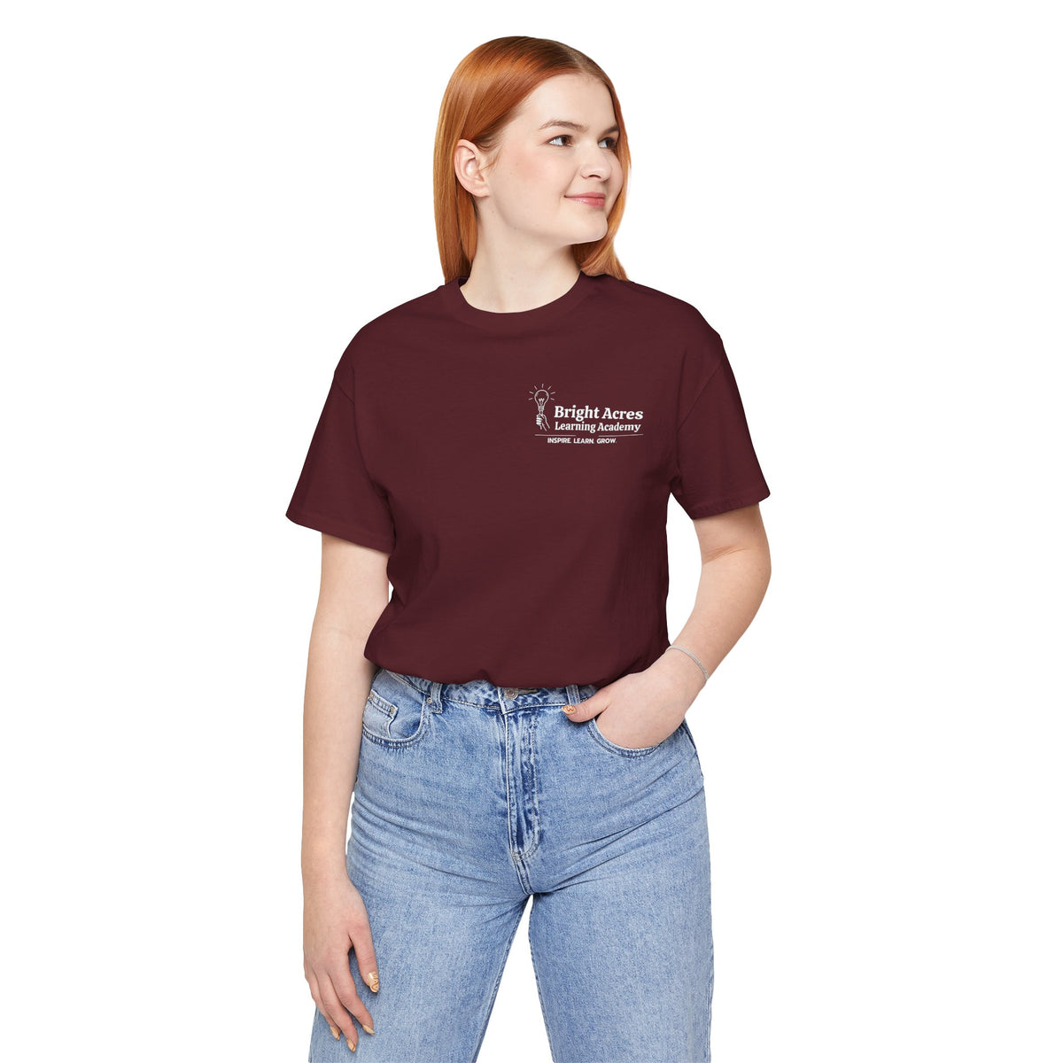 Bright Acres Bright Minds Together Adult Tee — Maroon, front on model