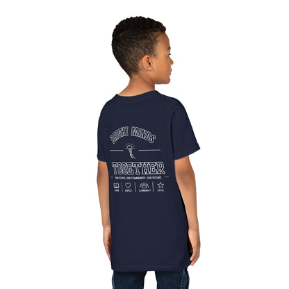 Bright Acres Bright Minds Together Youth Tee — Navy, back on model
