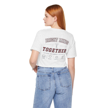 Bright Acres Bright Minds Together Adult Tee — Ash, back on model