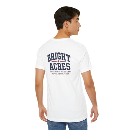 Bright Acres Collegiate Adult Tee — White, back on model