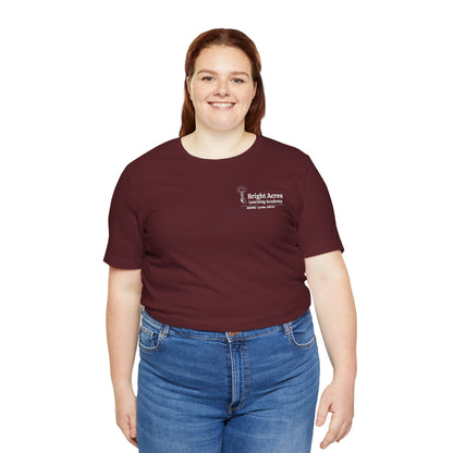 Bright Acres Bright Minds Together Adult Tee — Maroon, front on model