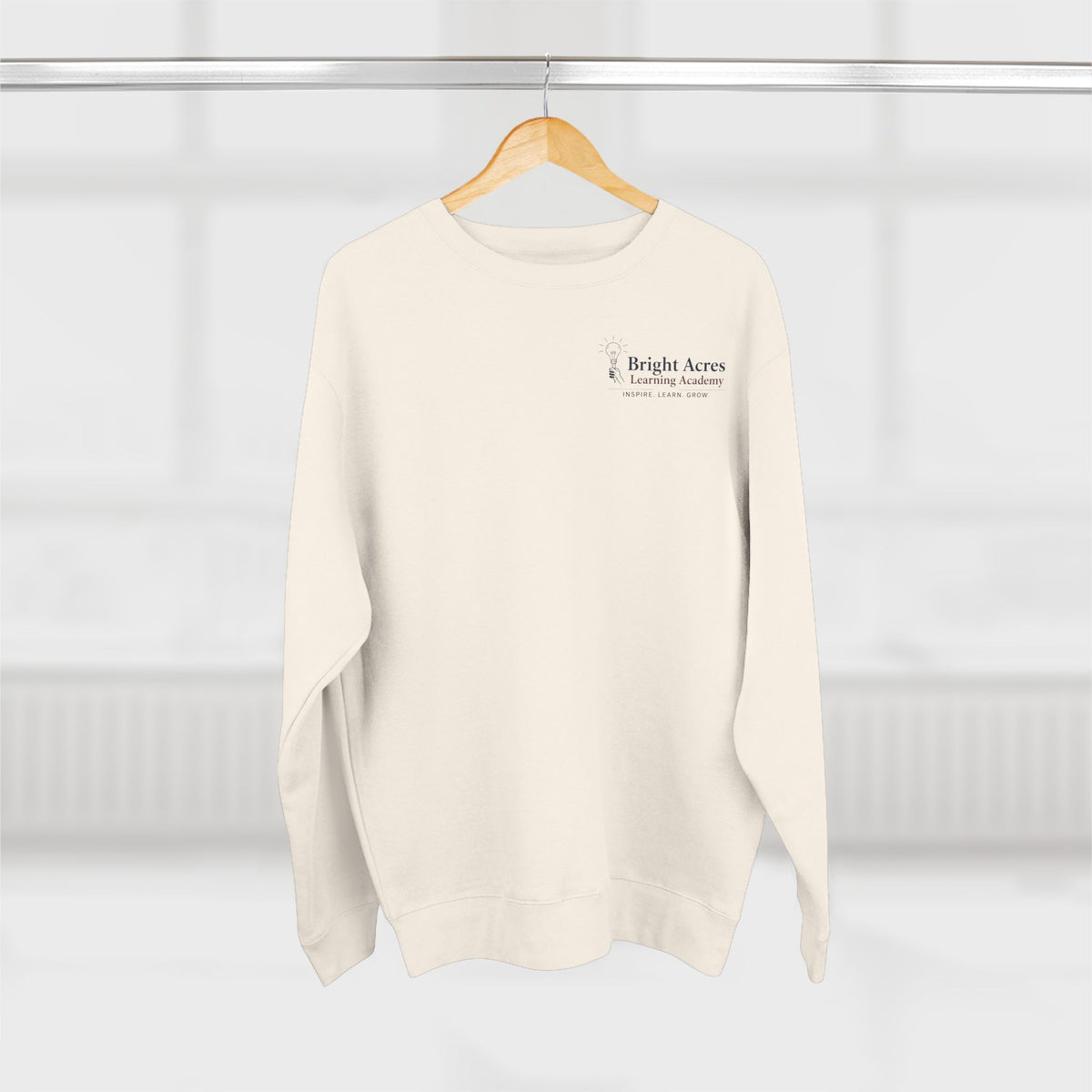 Bright Acres Bright Minds Together Fleece Adult Crewneck — Sandshell, front hanging