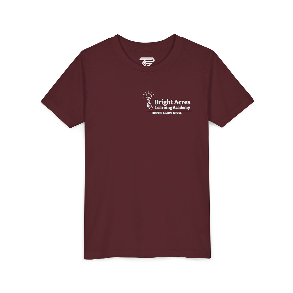 Bright Acres Bright Minds Together Youth Tee — Maroon, front, hanging