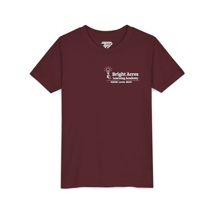 Bright Acres Bright Minds Together Youth Tee — Maroon, front, hanging
