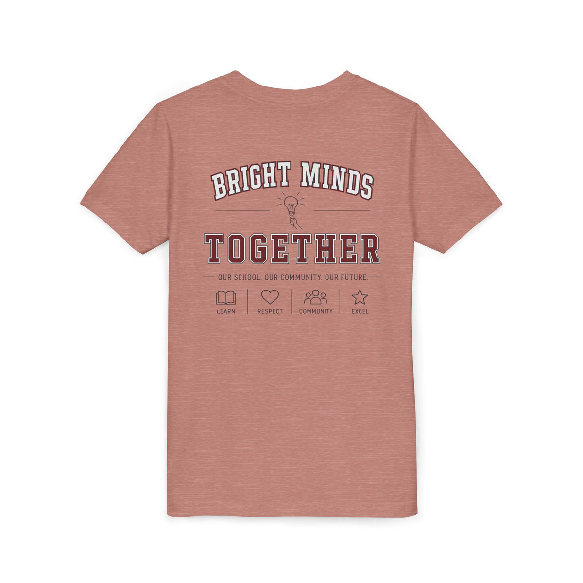 Bright Acres Bright Minds Together Youth Tee — Heather Mauve, back, hanging