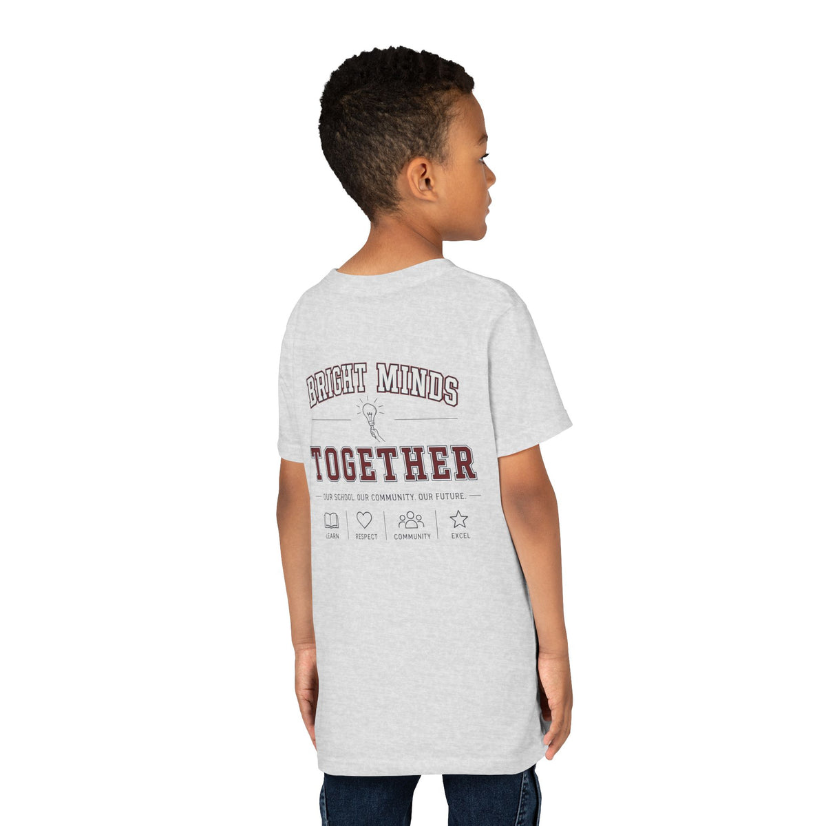 Bright Acres Bright Minds Together Youth Tee — Ash, back on model