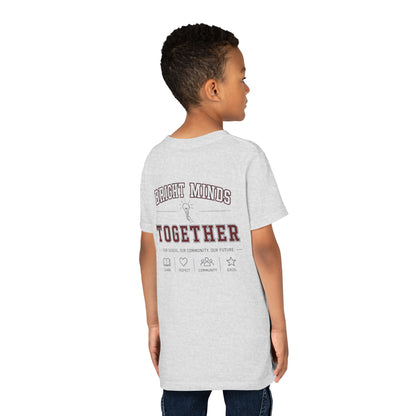 Bright Acres Bright Minds Together Youth Tee — Ash, back on model