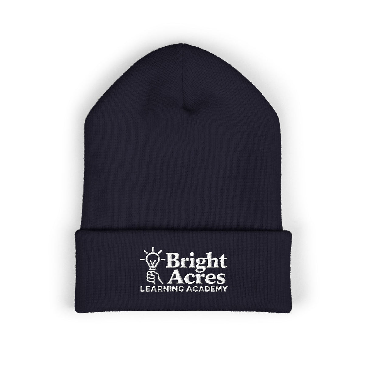 Bright Acres navy cuffed beanie with white embroidered school logo, front