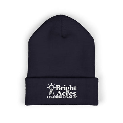 Bright Acres navy cuffed beanie with white embroidered school logo, front