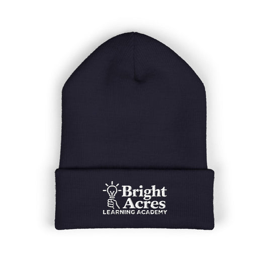 Bright Acres navy cuffed beanie with white embroidered school logo, front