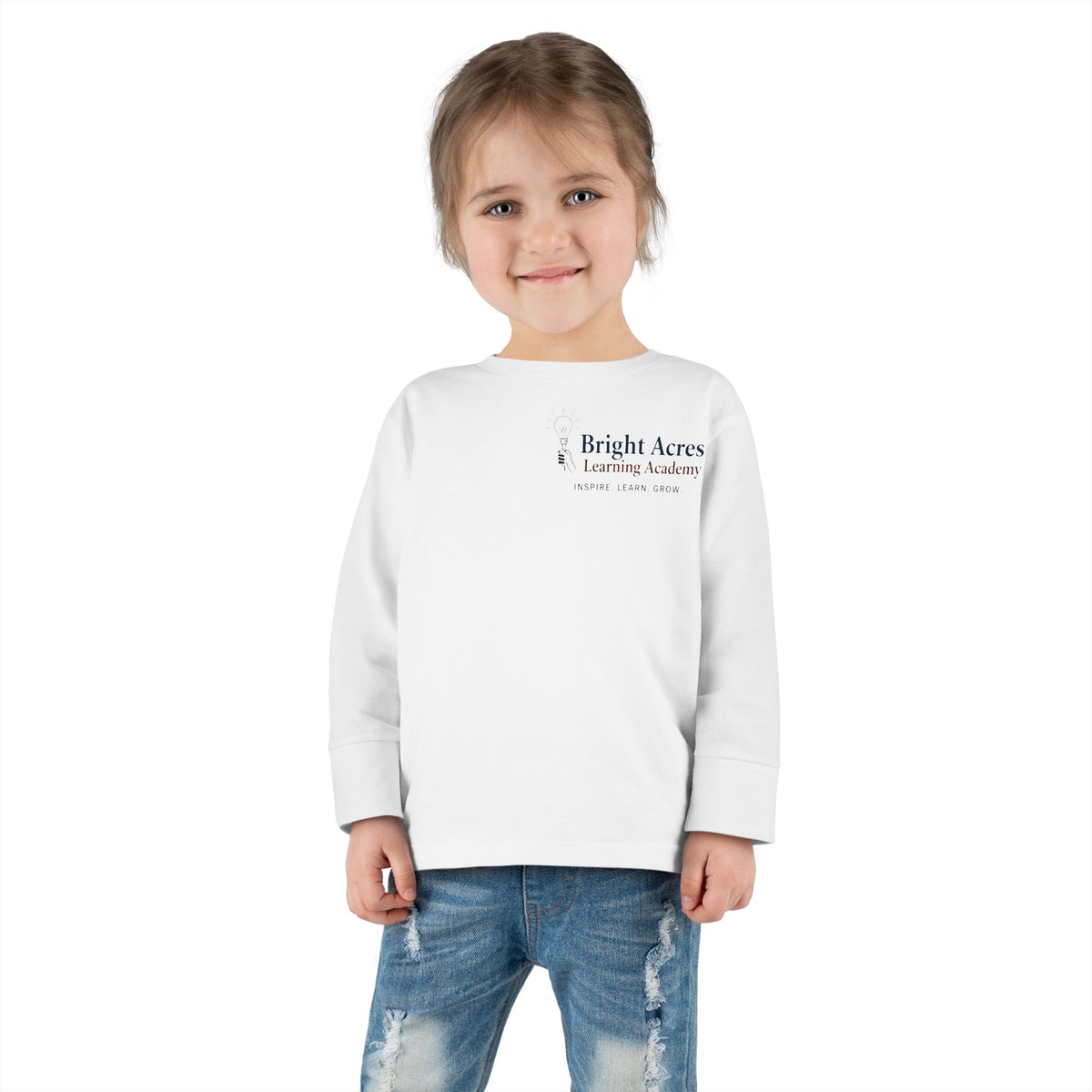 Bright Acres Bright Minds Together Toddler Long Sleeve — White, front on model