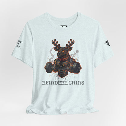 Reindeer Gains Gym T‑Shirt — Funny Christmas Workout Tee