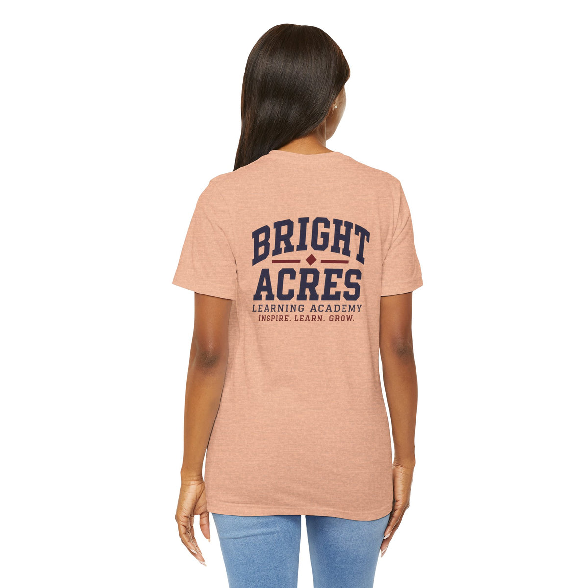 Bright Acres Collegiate Adult Tee — Heather Peach, back on model