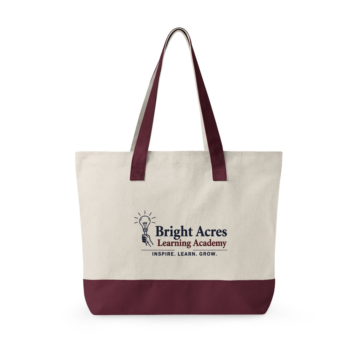 Bright Acres canvas tote in Natural/Maroon, school logo on reverse