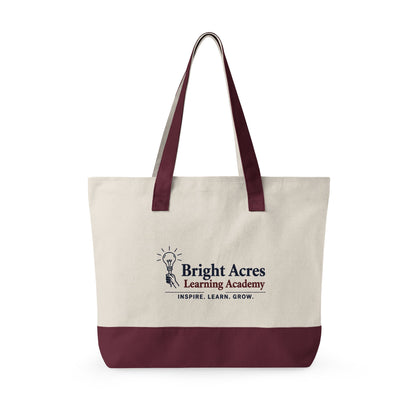 Bright Acres canvas tote in Natural/Maroon, school logo on reverse