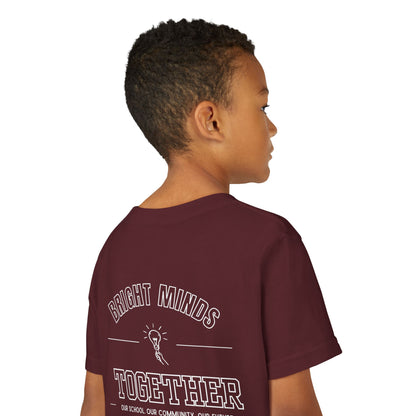 Bright Acres Bright Minds Together Youth Tee — Maroon, back detail on model