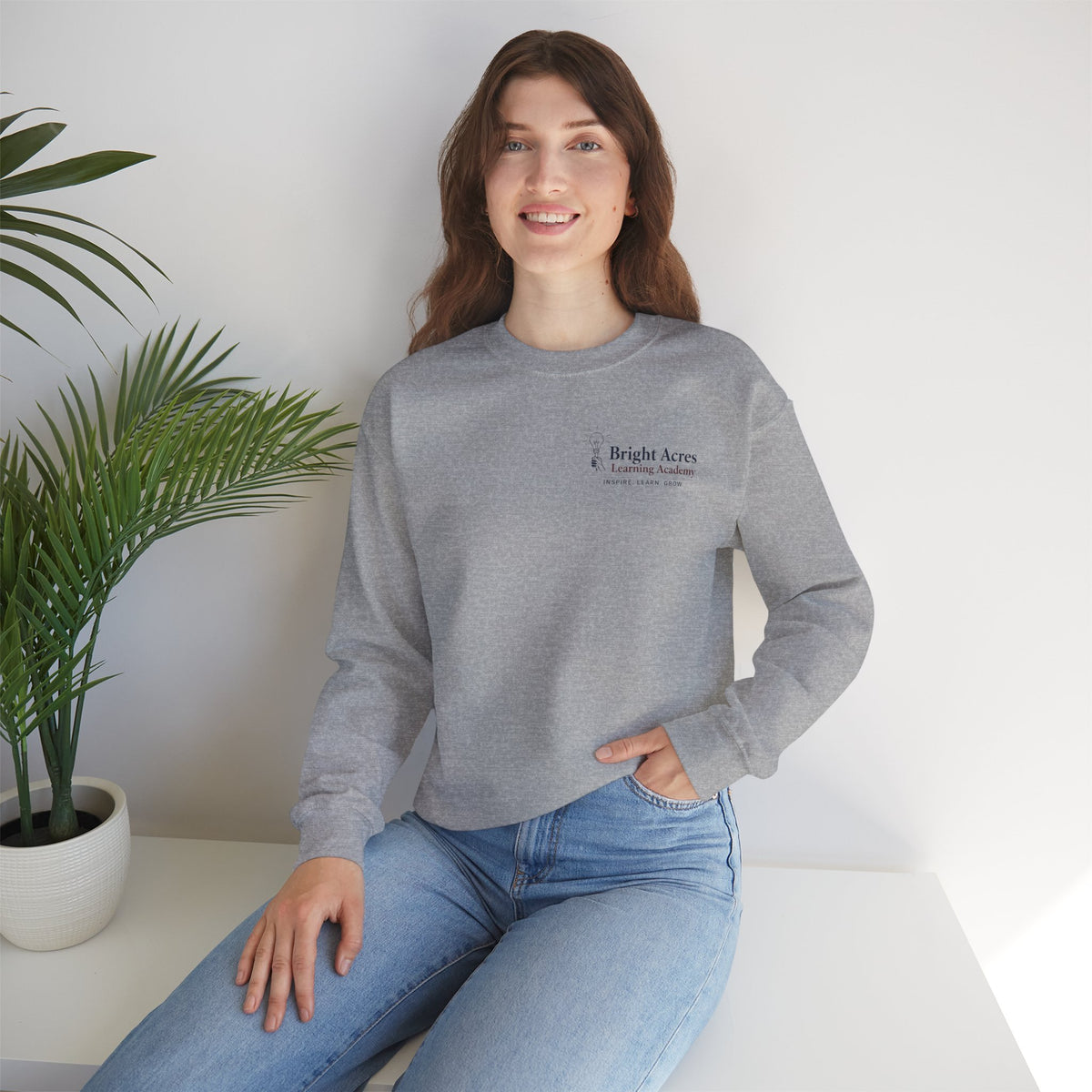 Bright Acres Bright Minds Together Classic Adult Crewneck — Sport Grey, front on model