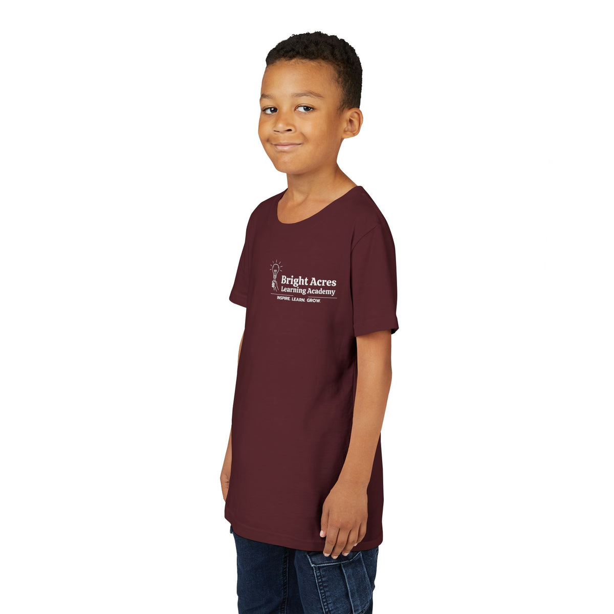Bright Acres Bright Minds Together Youth Tee — Maroon, front on model