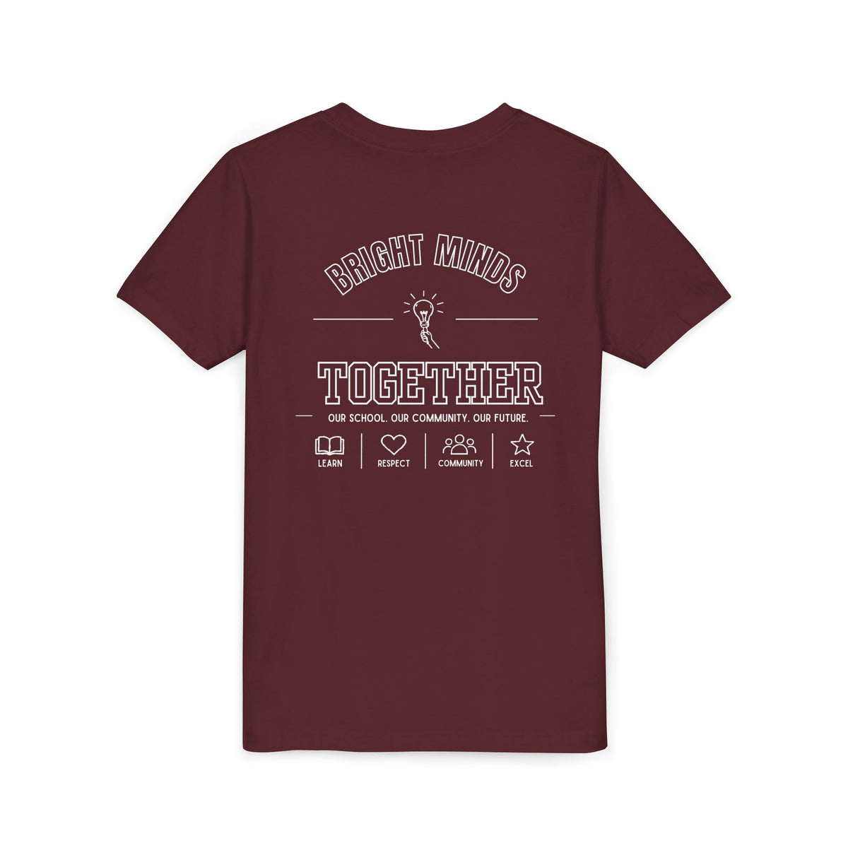 Bright Acres Bright Minds Together Youth Tee — Maroon, back, hanging