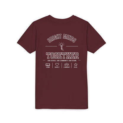 Bright Acres Bright Minds Together Youth Tee — Maroon, back, hanging